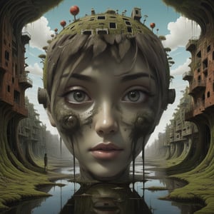 Digital Art, images inspired by the signature style of Brian Despain, Mars Ravelo and Mati Klarwein. Create expansive landscapes featuring ruined urban scenes overgrown with moss and undergrowth, filled with intricate details. In a lively setting, a large structure shaped like a human head adjoins the water, giving the artwork a dynamic and immersive quality. Photos, long shots, high detail, best composition.