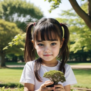 a little girl with a cute and beautiful face, long hair flowing in the wind, is planting a tree, all the components are arranged very intricately, seen with a 360 camera, the background is under Asian nature, the image is very detailed, photographic, very realistic