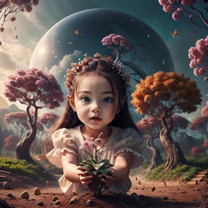 a little girl with a cute and beautiful face, long hair flowing in the wind, is planting a tree, all the components are arranged very intricately, seen with a 360 camera, the background is under Asian nature, the image is very detailed, photographic, very realistic,fantasy00d