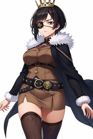 score_9, score_8_up, score_7, source_anime, anime screencap, BREAK,
1girl, black hair, short hair, crown, red eyes, eyepatch , brown vest, brown skirt, belt, straps, brown thigh highs, black jacket, fur trim, crown, fur trim, belt, cape, zettai ryouiki, jacket thighhighs, long sleeves, cloak, short dress, 

, Cowboy shot, 

, ((white background, blank background)):1.3, 