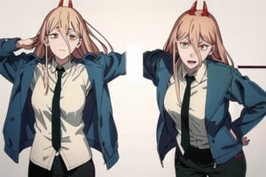 Sketch,
Appearance: long_hair, horns, red_horns, blonde_hair, symbol-shaped_pupils, cross-shaped_pupils, yellow_eyes, hair_between_eyes, sharp_teeth, medium_breasts

Default Outfit: long_hair, horns, red_horns, blonde_hair, symbol-shaped_pupils, cross-shaped_pupils, yellow_eyes, hair_between_eyes, sharp_teeth, medium_breasts, shirt, (white_shirt), necktie, black_necktie, jacket, (blue_jacket), pants, black_pants

,Sexy Lingerie,

White background:1