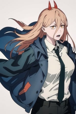 Appearance: long_hair, horns, red_horns, blonde_hair, symbol-shaped_pupils, cross-shaped_pupils, yellow_eyes, hair_between_eyes, sharp_teeth, medium_breasts

Default Outfit: long_hair, horns, red_horns, blonde_hair, symbol-shaped_pupils, cross-shaped_pupils, yellow_eyes, hair_between_eyes, sharp_teeth, medium_breasts, shirt, (white_shirt), necktie, black_necktie, jacket, (blue_jacket), pants, black_pants


White background,