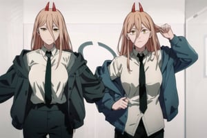 Sketch,
Appearance: long_hair, horns, red_horns, blonde_hair, symbol-shaped_pupils, cross-shaped_pupils, yellow_eyes, hair_between_eyes, sharp_teeth, medium_breasts

Default Outfit: long_hair, horns, red_horns, blonde_hair, symbol-shaped_pupils, cross-shaped_pupils, yellow_eyes, hair_between_eyes, sharp_teeth, medium_breasts, shirt, (white_shirt), necktie, black_necktie, jacket, (blue_jacket), pants, black_pants


White background:1