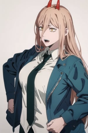 Appearance: long_hair, horns, red_horns, blonde_hair, symbol-shaped_pupils, cross-shaped_pupils, yellow_eyes, hair_between_eyes, sharp_teeth, medium_breasts

Default Outfit: long_hair, horns, red_horns, blonde_hair, symbol-shaped_pupils, cross-shaped_pupils, yellow_eyes, hair_between_eyes, sharp_teeth, medium_breasts, shirt, (white_shirt), necktie, black_necktie, jacket, (blue_jacket), pants, black_pants


White background,