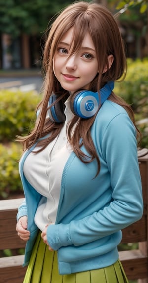 Miku Nakano, Brown hair, nm1, headphones around neck, school uniform, long sleeves, blue cardigan, (green skirt), pantyhose, cleavage, (super huge breast), rosy cheeks, cute bright smile showing her teeth, waist up portrait, art by Carne Griffiths and Wadim Kashin rutkowski repin art station hyperrealism painting concept art of detailed character,  digital art 8k, art by cameron gray, fantastic face, beautiful look, detailed hair, ultra focus, face illuminated, face detailed, 8k resolution, soft natural lighting, smooth soft skin, symmetrical, natural skin texture, soft lighting, detailed face, rosy pure skin, v-shaped slim face, photorealism, soft pastel colors sparkling, cowboy shot, half-body shot, very sexy Mary,nn1, looking at the camera, young face,nm1