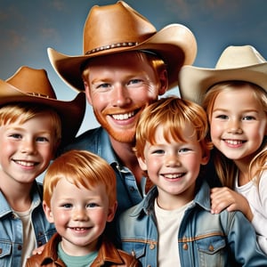 portrait of a ginger boy with this ginger blonde mother father and siblings, with tan skin with big smile all wearing leather cowboy redneck hat,photorealistic