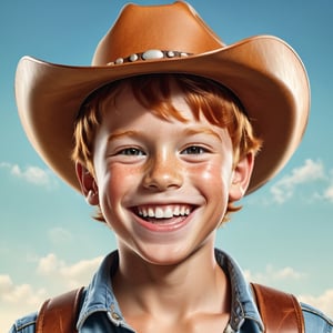 portrait of a ginger brunette boy with tan skin with big smile wearing leather cowboy redneck hat,photorealistic