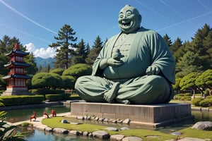 Gigantic Budai Hotei statue smiling fatty happy, with beautiful Japanese garden in the background