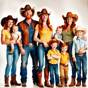 portrait of a ginger redneck family, with mother husband and their many ginger children, with tan skin with big smile, all of them wearing leather cowboy redneck hat,photorealistic