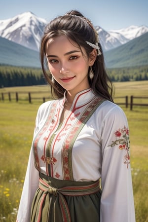 Beautiful Central Asian woman with slightly tan or light olive skin, at her mid 30's wearing a embroidered folkloric Ukrainian or Slavic shirt, with a serious expression but slightly smiling pleasantly looking at the camera, realistic photorealistic, with the Altai mountains in the background