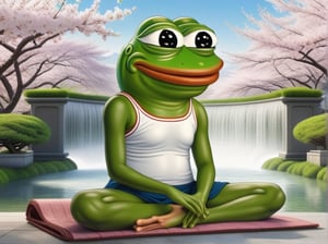 realistic ultrarealistic photorealistic full body portrait of a happy Pepe the frog (((pepe_frog))) on deep meditation, on a Japanese shrines with a garden with fountains and blooming sakura trees