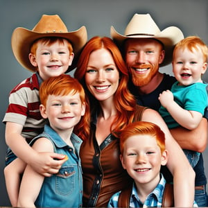 portrait of a ginger redneck family, with mother husband and their many ginger children, with tan skin with big smile, all of them wearing leather cowboy redneck hat,photorealistic