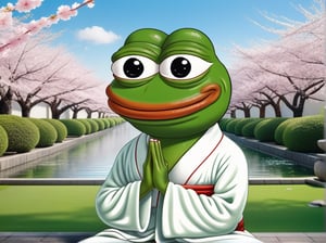 realistic ultrarealistic photorealistic full body portrait of a happy Pepe the frog (((pepe_frog))) on deep meditation, with the background of a Japanese shrines with a garden with fountains and blooming sakura trees