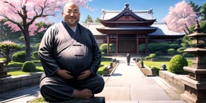 One gigantic imense Budai Hotei statue of the size of a building smiling fatty happy in the middle of the background sitting, bare chest with fat belly monk clothing covering his arms, with classical Chinese sculpture texture, semi-realistic, with beautiful Japanese garden in the background with sakura trees, with foot size tiny people walking by,museum collection,well defined traits, painting, digital illustration,realistic,ultrarealistic,photorealistic