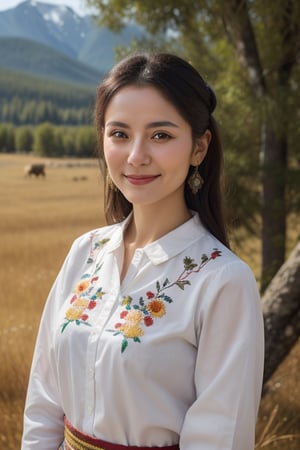 Beautiful Central Asian woman with slightly tan or olive skin, rich cheekbones, at her mid 20's to 30's wearing a embroidered folkloric Ukrainian or Slavic shirt, with a serious expression but slightly smiling pleasantly looking at the camera, realistic photorealistic, with the Altai nature in the background