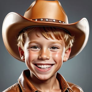 portrait of a dark blonde boy with tan ginger skin with big smile wearing leather cowboy redneck hat,photorealistic