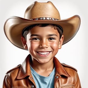 face portrait of a hispanic boy with light skin with big smile wearing leather cowboy redneck hat,photorealistic