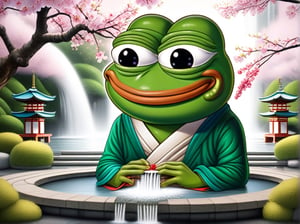 realistic ultrarealistic photorealistic full body portrait of a happy Pepe the frog (((pepe_frog))) on deep meditation, on a Japanese shrines with a garden with fountains and blooming sakura trees