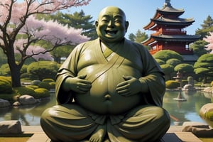 One gigantic imense Budai Hotei statue smiling fatty happy, bare chest with fat belly monk clothing covering his arms, with classical Chinese sculpture texture, semi-realistic, with beautiful Japanese garden in the background with sakura trees