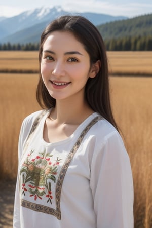 Beautiful Central Asian woman with slightly tan or light olive skin, at her mid 20's to 30's wearing a embroidered folkloric Ukrainian or Slavic shirt, with a serious expression but slightly smiling pleasantly looking at the camera, realistic photorealistic, with the Altai nature in the background