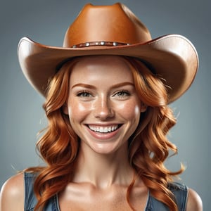 portrait of a ginger woman with tan skin with big smile wearing leather cowboy redneck hat,photorealistic