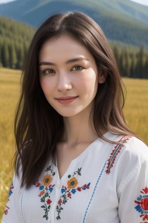 Beautiful Central Asian woman at her mid 20's to 30's wearing a embroidered folkloric Ukrainian or Slavic shirt, with a serious expression but slightly smiling pleasantly looking at the camera, realistic photorealistic, with the Altai nature in the background