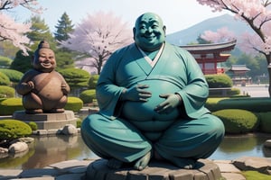 Gigantic Budai Hotei statue smiling fatty happy, with belly out, semi-realistic, with beautiful Japanese garden in the background with sakura trees