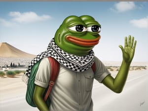 realistic ultrarealistic photorealistic full body portrait of a happy Pepe the frog (((pepe_frog))) waving a Palestinian flag, he wears a keffiyeh around his neck