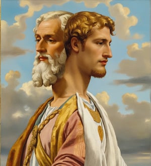 in style of Sandro Botticelli, oil on canvas, painting, heavy brush strokes, impasto, paintbrush, digital illustration. the sideways portrait of a voluminous blonde hair Roman God Janus with two faces in the same head looking at opposite directions, one face is a young and handsome lad looking left and the other face is a bearded 90 years old man looking right, both with serene and kind expression, Greek robe, renaissance background, clouds and gold decorations. museum collection. ,dripping paint