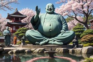 One gigantic imense Budai Hotei statue of the size of a building smiling fatty happy in the middle of the background sitting, bare chest with fat belly monk clothing covering his arms, with classical Chinese sculpture texture, semi-realistic, with beautiful Japanese garden in the background with sakura trees, with foot size tiny people walking by