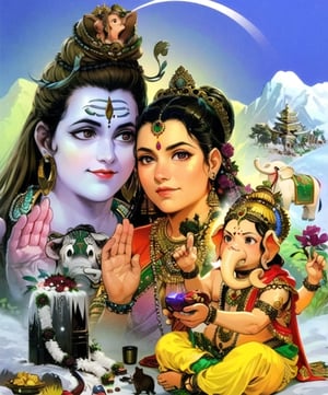 into highly rendered anime, a devotional portrait of Shiva, his wife Parvati, and their son the elephant head God Ganesha