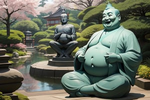 Gigantic imense Budai Hotei statue smiling fatty happy, bare chest with fat belly, semi-realistic, with beautiful Japanese garden in the background with sakura trees