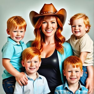 portrait of a ginger mother with ginger blonde husband and their many ginger children, with tan skin with big smile all wearing leather cowboy redneck hat,photorealistic