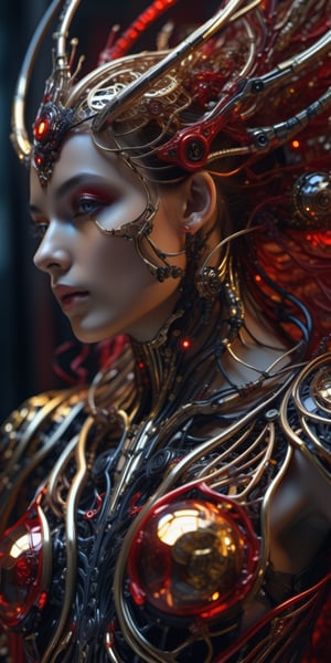 Ultra detailed complex 3d rendering of a beautiful Angel of Death, messy hair,half body view,biomechanical cyborg,, 150mm lens, beautiful soft natural light, large cables, electric_cable,cables, fine foliage lace, colorful details, samourai, Boris Bidjan Saberi outfit, earring pearl, piercing, art nouveau embroidery, intricate details, wire mesh, mandelbrot fractal, anatomical, facial muscles, cable wires, microchip, badass, hyper realistic, ultra detailed, octane rendering, volumetric lighting, 8k post production , black and gold with a bit of red, detailed metallic bones, demi-humans, iridescent colors, Glenn Brown style, black room, power of god, high angle shot, complex body poses,more detail XL,devil eyes,half nude, naked,no_clothes,mad,ch3ls3a,full red iris,big_boobs,big_tits,red_eyes,red lips,in dark laboratory,cyborgs,tentacles,tentacles suit