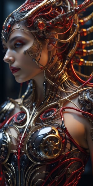 Ultra detailed complex 3d rendering of a beautiful Angel of Death, messy hair,half body view,biomechanical cyborg,, 150mm lens, beautiful soft natural light, large cables, electric_cable,cables, fine foliage lace, colorful details, samourai, Boris Bidjan Saberi outfit, earring pearl, piercing, art nouveau embroidery, intricate details, wire mesh, mandelbrot fractal, anatomical, facial muscles, cable wires, microchip, badass, hyper realistic, ultra detailed, octane rendering, volumetric lighting, 8k post production , black and gold with a bit of red, detailed metallic bones, demi-humans, iridescent colors, Glenn Brown style, black room, power of god, high angle shot, complex body poses,more detail XL,devil eyes,half nude, naked,no_clothes,mad,ch3ls3a,full red iris,big_boobs,big_tits,red_eyes,red lips,in dark laboratory,cyborgs,tentacles,tentacles suit