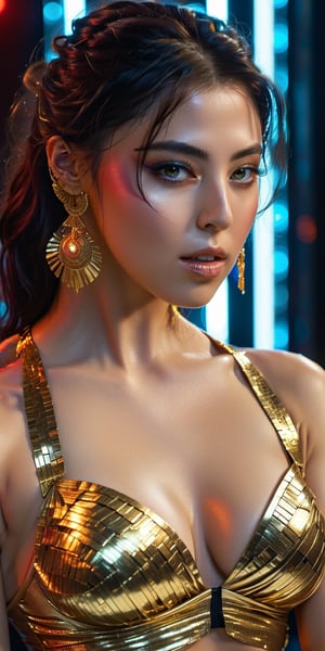 Ultra detailed complex 3d rendering of a beautiful cleopatra, messy hair,, 150mm lens, beautiful soft natural light,wet_clothes, wear cleopatra suit, colorful details, samourai, gold, cleopatra woman,earring pearl, piercing, intricate details, wire mesh anatomical, facial muscles, badass, hyper realistic, ultra detailed, octane rendering, volumetric lighting, 8k post production , iridescent colors, black room, power of god, high angle shot, complex body poses,more detail XL,((big_boobs)),big_tits,red_eyes,red lips,in dark laboratory,frontview,b3rli,cinematic_grain_of_film,xeesoxee