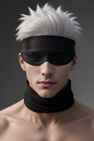 Young man, white hair, handsome, thin, realistic, clean skin, with a black cloth tied around his head to cover his eyes.