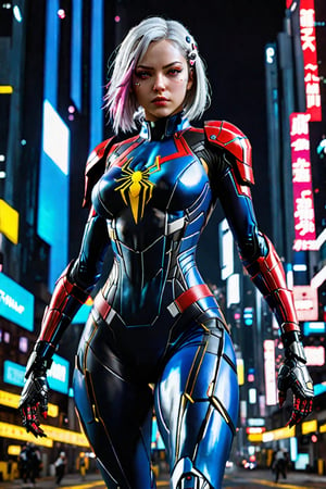 Cyberpunk 2077, Female Human Cyborg, beautiful woman with super delicate face,plump figure , Wearing robotech Spider-Man costume, dramatis personae, Composition, Avant - garde fashion by Zhang Jingna, Cinematic Composition, Full Body Portrait.,night city,cyborg style,1girl,LinkGirl,Heroic Characters