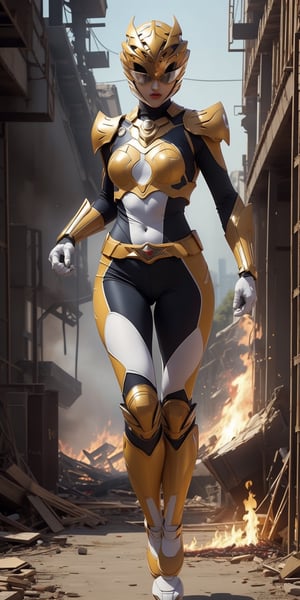 female,  1girl,  female body, ((masterpiece, best quality)), zeo gold ranger, zeo gold ranger suit, full body, fire explosion, mix of fantastic and realistic elements, uhd image, vibrant illustrations, hdr, ultra hd, 4k,White_Ranger,  broken Helmet:1.3,  broken suit:1.5,  nsfw:1.3,running:1.5,