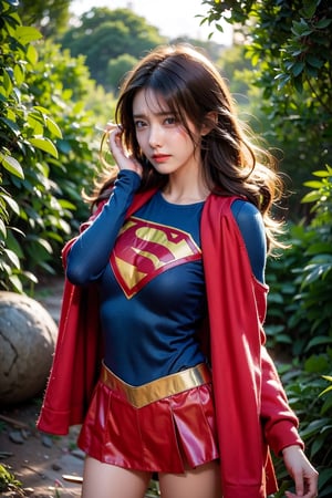 photorealistic, raw photo:1.2, hyperrealism, ultra high res, Best quality, masterpiece, 8k, realistic light, delicate facial features, 
 a Supergirl is in the deep forest,at night:1.8 , Cute Girl with Long Hair (Supergirl) ,( she is  wearing High Detailed Supergirl Ultra Short Outfit :1.3) , model pose:1.2,  her hair is blown by the wind , big breasts, smile expression , smile eyes , looking at viewer, mygirl,no make look:1.2,