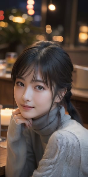 8K, 超High resolution, highest quality, masterpiece, Ultra-realistic, photograph, 1 girl, (16 years old:1.3), pretty girl, Cute face, Beautiful eyes in every detail,Tabletop, highest quality, One Girl,(Dark grey turtleneck sweater:1.4),(Photograph, highest quality), (Realistic, Photorealistic:1.4), Tabletop, Very delicate and beautiful, Very detailed, 8K Wallpaper, wonderful, finely, Very detailed CG Unity, High resolution, Soft Light, Beautiful detailed 16 years old girl, Very detailed目と顔, Beautifully detailed nose, Finely beautiful eyes,Cinematic lighting,City lights at night,Perfect Anatomy,Slender body,smile (Black hair twin tails),super cute super model、Please look closely at the camera 、Vivid details、detailed、Ultra-realistic,Light and shadow,solo,(grin:0.7)