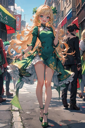 ((masterpiece)), ((best quality)), (ultra-detailed), ((kawaii)), cute, (lovely), ((sexy)), (ero), ((extremely detailed)), 4K, (8K), best quality, (beautiful), realistic, real, best shadow, ((St. Patricks Days street)), 1girl, solo, short, beautiful blonde hair, long hair, shining hair, in Ireland street, wearing  St. Patricks Days Carnivals dress, slim, slender, thin arms, thin legs, light smile, open mouth, full body,starrystarscloudcolorful,bioluminescent dress,neat hands,Beautiful colors,dress, beautiful dress, luxury dress, decorated dress,