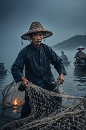 A Taiwanese man (wearing traditional clothes and hat: 1,3), casts a fishing net into the sea on a dinghy (highly detailed close photography), cinematic colors, texture, film grain, (ful body shot:1,1), in the desert, at night (cloudy:0.7), lots of fog, scary atmosphere, dark vibes, gloomy, hyper detailed, epic composition, official art, unity 8k wallpaper, ultra detailed, masterpiece, best ,HellAI,Landskaper,fire,skull