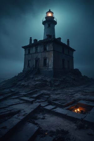 (highly detailed close photography), cinematic colors, texture, film grain, (abandoned Lighthouse :1.2), in the desert, at night (cloudy:0.7), lots of fog, intricate, scary atmosphere, dark vibes, gloomy, hyper detailed, vibrant colours, epic composition, official art, unity 8k wallpaper, ultra detailed, masterpiece, best ,HellAI,Landskaper,fire,skull