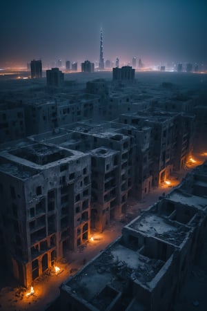 (highly detailed close photography), cinematic colors, texture, film grain, (drone shot:1,1) (abandoned Dubai City:1.2), in the desert, at night (cloudy:0.7), lots of fog, intricate, scary atmosphere, dark vibes, gloomy, hyper detailed, vibrant colours, epic composition, official art, unity 8k wallpaper, ultra detailed, masterpiece, best ,HellAI,Landskaper,fire,skull