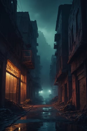 (highly detailed close photography), cinematic colors, texture, film grain, (abandoned US city:1.2), in the desert, at night (cloudy:0.7), zombie-like creatures roaming the streets, lots of fog, intricate, scary atmosphere, dark vibes, gloomy, hyper detailed, vibrant colours, epic composition, official art, unity 8k wallpaper, ultra detailed, masterpiece, best ,HellAI,Landskaper,fire