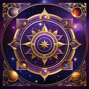 Generate a visually stunning representation of Jupiter's occult symbols and cosmic influence. Begin with a cosmic-themed background, placing the Jupiter glyph at the center. Surround the glyph with mythological figures associated with Jupiter, and overlay a wheel symbolizing abundance. Infuse rich gold and royal purple hues into the color scheme, signifying prosperity and spiritual growth. Add subtle sparkling effects to evoke a sense of divine energy. Ensure the composition harmoniously blends occult symbols, mythological imagery, and cosmic aesthetics