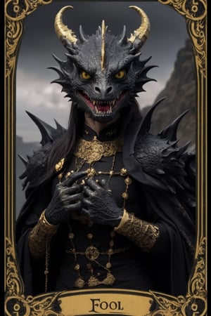 The Fool tarot card, Gothic Style, Half human half dragon, adorned with gold and black. Name of card written at bottom in english.