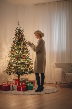 
A 25-year-old Polish woman, beautiful, blonde with slightly curly hair, with her back to the camera and the front of the Christmas tree she is decorating. Dressed in a long sweater and long Christmas socks. A well-lit room with light walls
