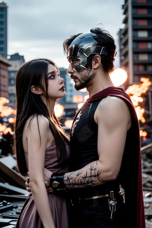 A couple of superhero bearded and woman looking each other in love between a battle scene, marvel like, standing at the ruined city, depth of field, cinematic